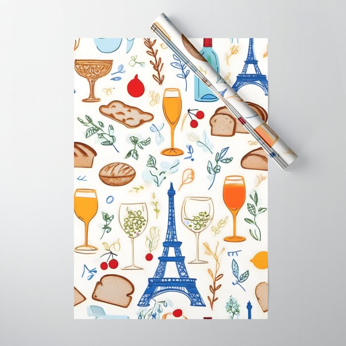 Paris Things, Travel Hand Drawn Doodles Sketch, Summer Vacation Colorful Bohemian Wrapping Paper Gallery Image 1