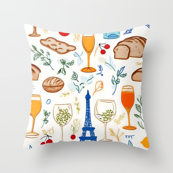 Paris Things, Travel Hand Drawn Doodles Sketch, Summer Vacation Colorful Bohemian Throw Pillow Gallery Image 1