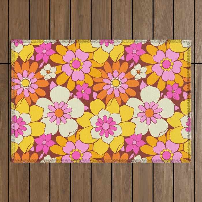 Vintage hand drawn flower art pattern Outdoor Rug Gallery Image 1