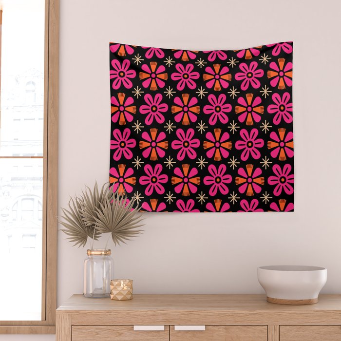 Retro Mid Century Modern Floral Pattern Wall Tapestry Gallery Image 2