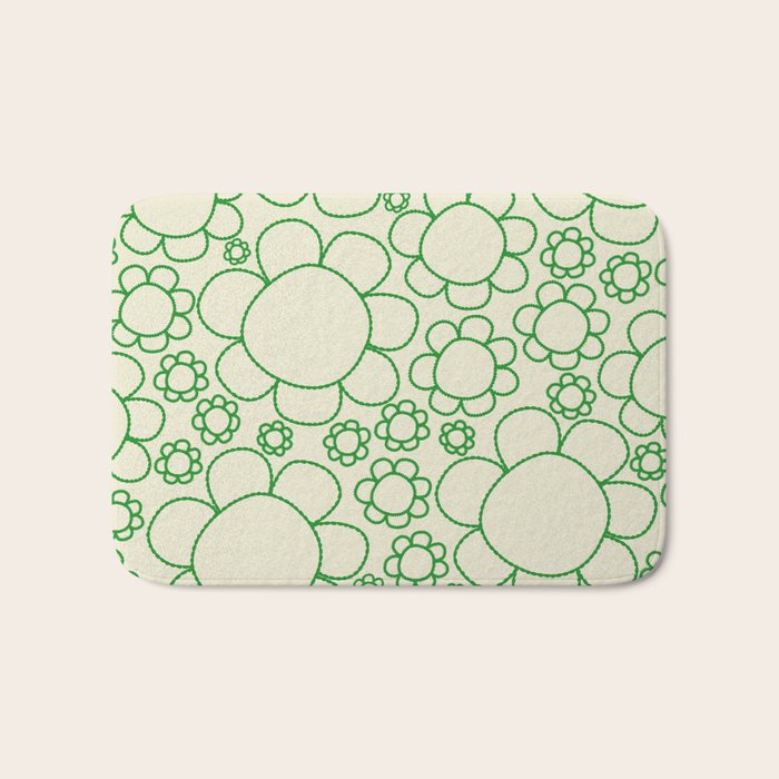 Cheerful Doodle Flowers Green and Cream Pattern Bath Mat Gallery Image 1