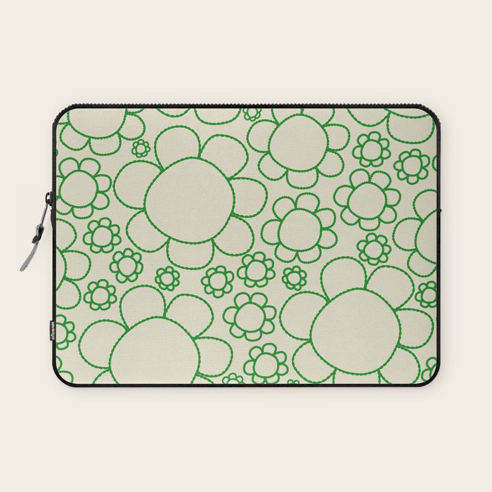 Cheerful Doodle Flowers Green and Cream Pattern Laptop Sleeve Gallery Image 1