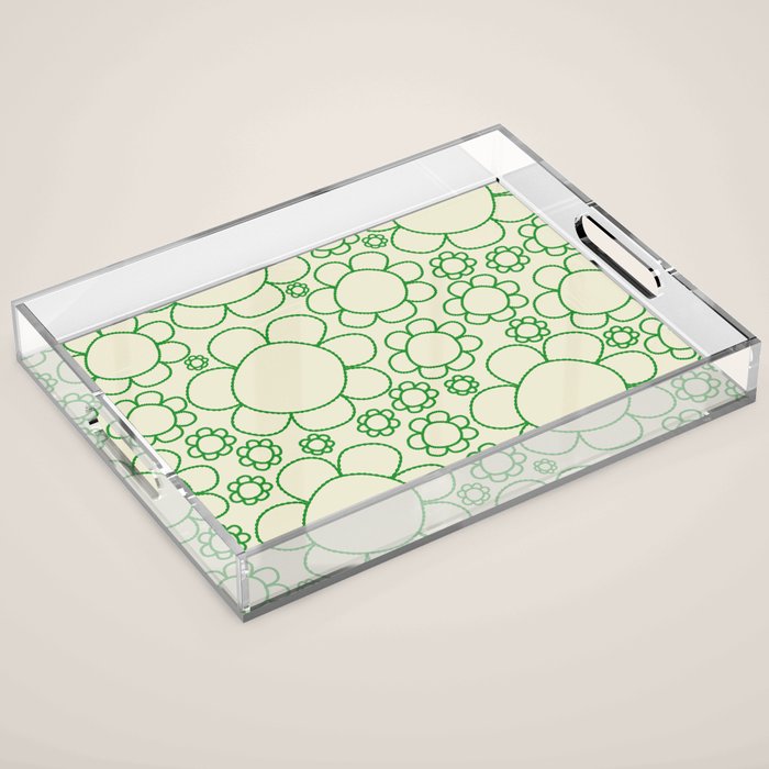 Cheerful Doodle Flowers Green and Cream Pattern Acrylic Tray Gallery Image 1