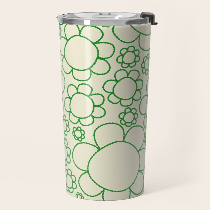 Cheerful Doodle Flowers Green and Cream Pattern Travel Mug Gallery Image 2