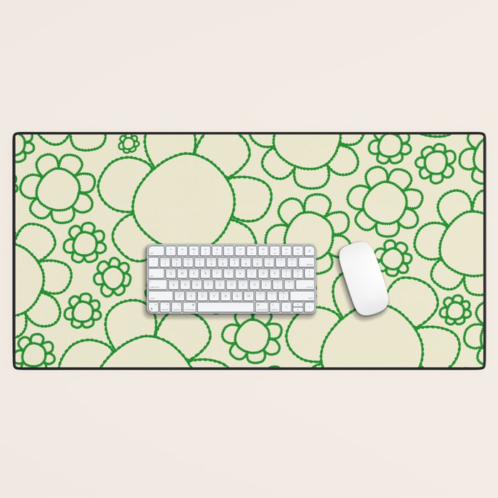 Cheerful Doodle Flowers Green and Cream Pattern Desk Mat Gallery Image 1