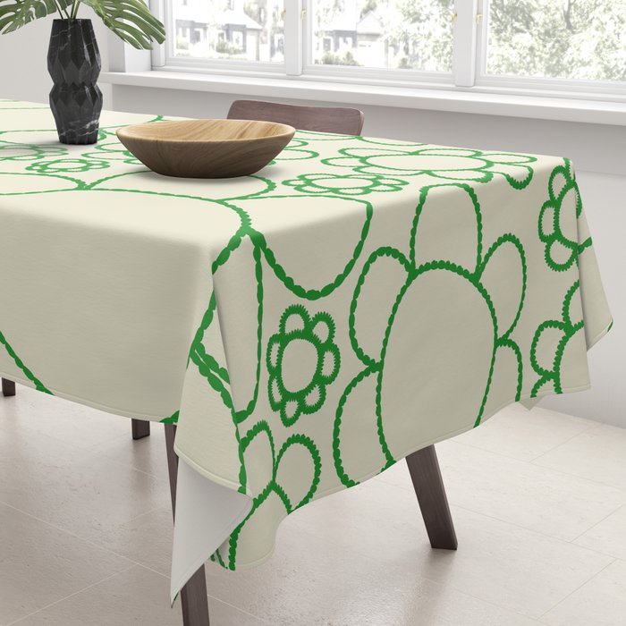 Cheerful Doodle Flowers Green and Cream Pattern Tablecloth Gallery Image 3