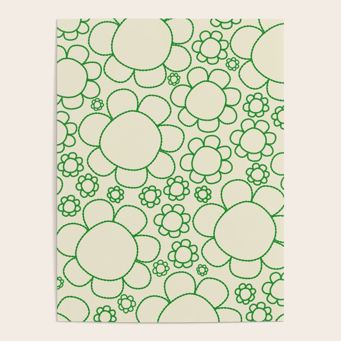 Cheerful Doodle Flowers Green and Cream Pattern Poster Gallery Image 1