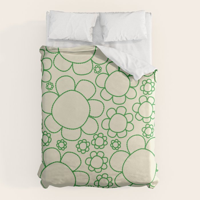 Cheerful Doodle Flowers Green and Cream Pattern Duvet Cover Gallery Image 6