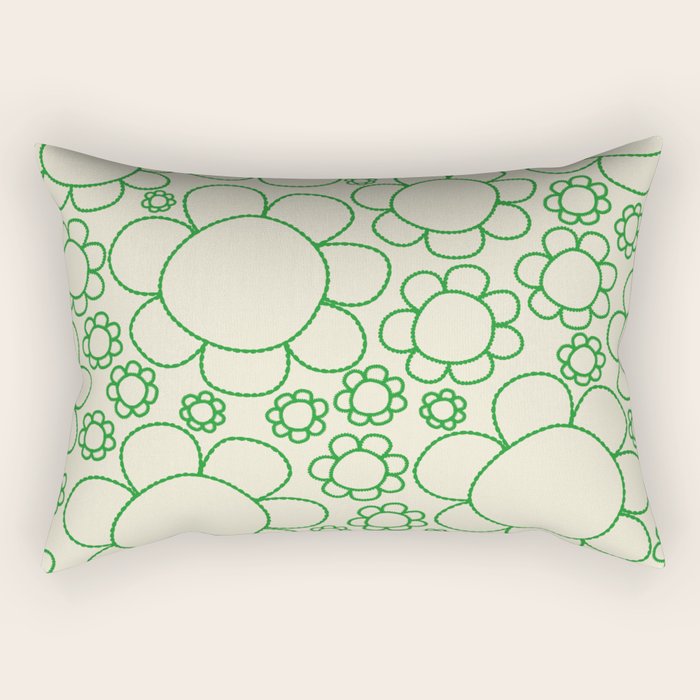 Cheerful Doodle Flowers Green and Cream Pattern Rectangular Pillow Gallery Image 1