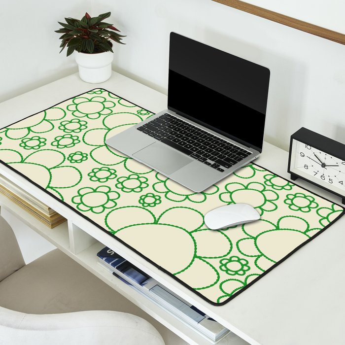 Cheerful Doodle Flowers Green and Cream Pattern Desk Mat Gallery Image 2