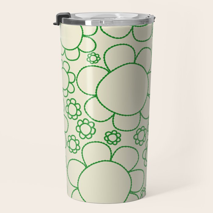 Cheerful Doodle Flowers Green and Cream Pattern Travel Mug Gallery Image 3