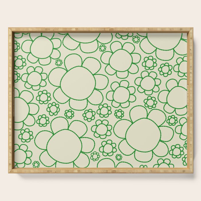 Cheerful Doodle Flowers Green and Cream Pattern Serving Tray Gallery Image 1