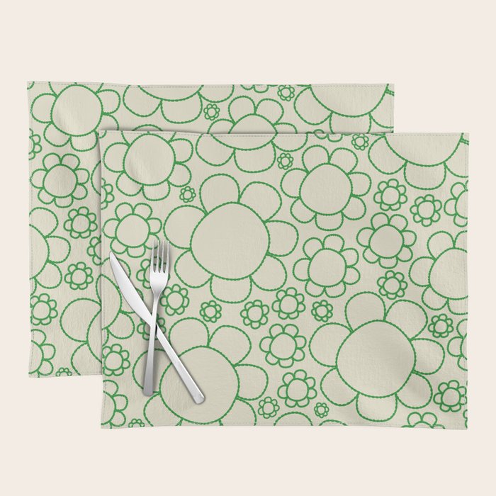 Cheerful Doodle Flowers Green and Cream Pattern Placemat Gallery Image 1