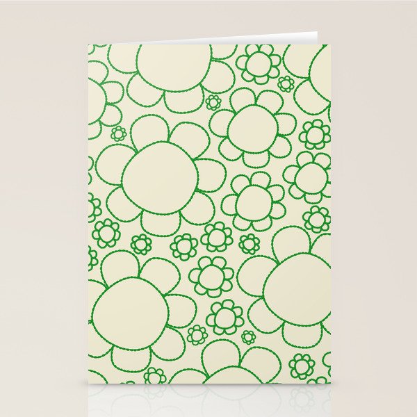 Cheerful Doodle Flowers Green and Cream Pattern Stationery Card Gallery Image 2