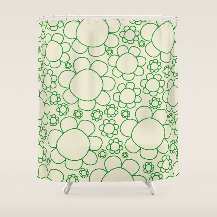 Cheerful Doodle Flowers Green and Cream Pattern Shower Curtain Gallery Image 1