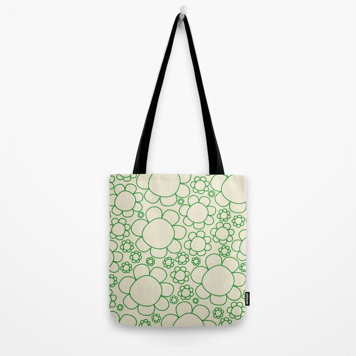 Cheerful Doodle Flowers Green and Cream Pattern Tote Bag Gallery Image 2
