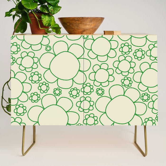 Cheerful Doodle Flowers Green and Cream Pattern Credenza Gallery Image 1