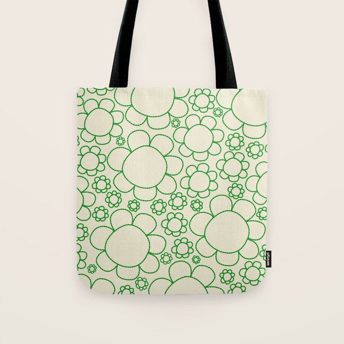 Cheerful Doodle Flowers Green and Cream Pattern Tote Bag Gallery Image 1