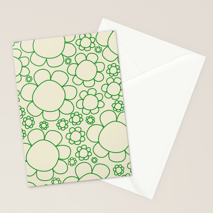 Cheerful Doodle Flowers Green and Cream Pattern Stationery Card Gallery Image 2