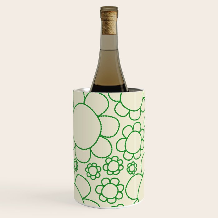 Cheerful Doodle Flowers Green and Cream Pattern Wine Chiller Gallery Image 1