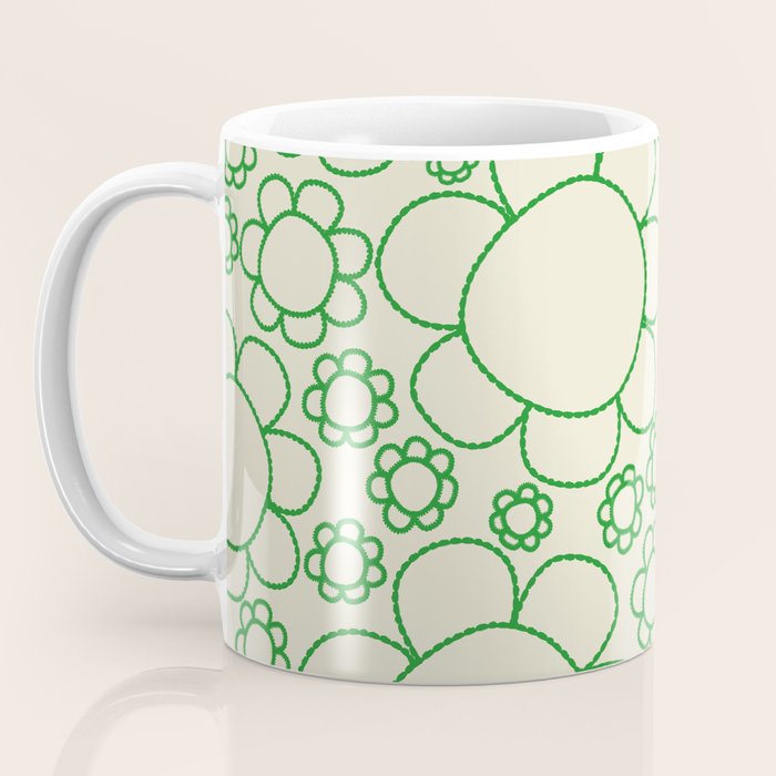 Cheerful Doodle Flowers Green and Cream Pattern Coffee Mug Gallery Image 3