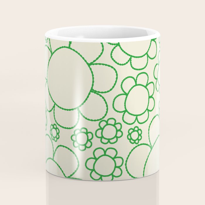 Cheerful Doodle Flowers Green and Cream Pattern Coffee Mug Gallery Image 4