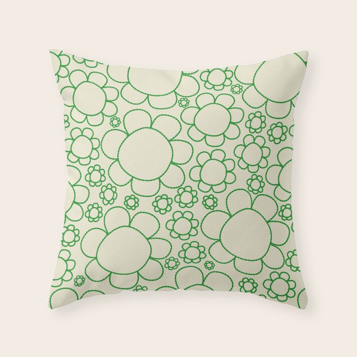Cheerful Doodle Flowers Green and Cream Pattern Throw Pillow Gallery Image 6