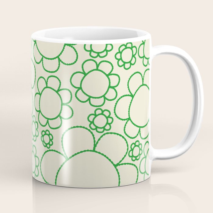 Cheerful Doodle Flowers Green and Cream Pattern Coffee Mug Gallery Image 1