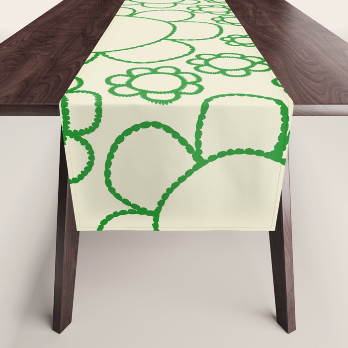 Cheerful Doodle Flowers Green and Cream Pattern Table Runner Gallery Image 1