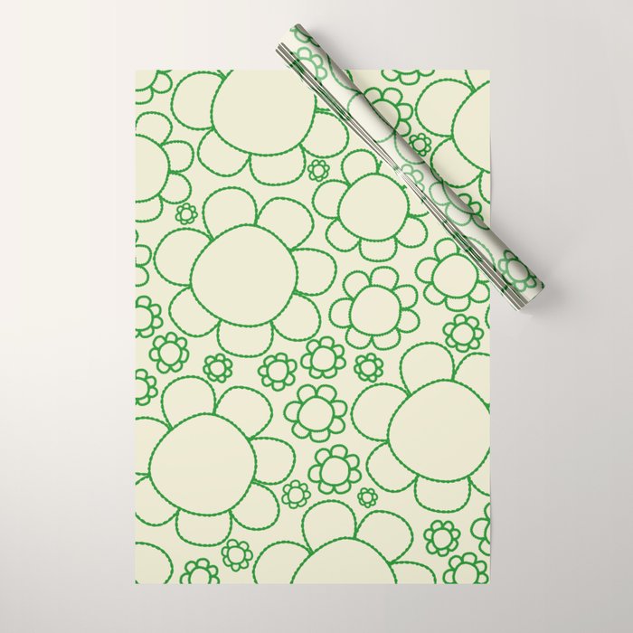 Cheerful Doodle Flowers Green and Cream Pattern Wrapping Paper Gallery Image 1