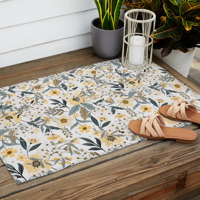 Spring Wildflowers, Floral Prints, Yellow and Gray Outdoor Rug Gallery Image 2