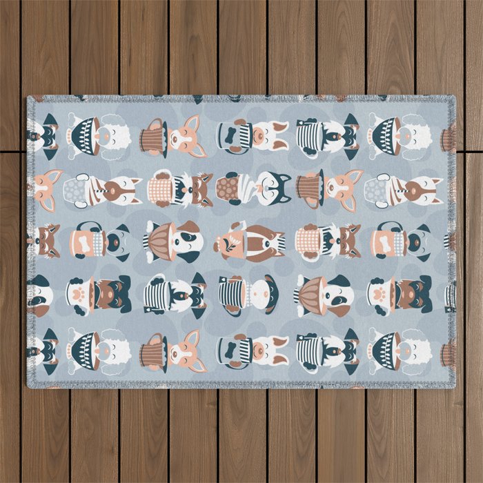 Doggie Coffee and Tea Time I // blue grey Outdoor Rug Gallery Image 1