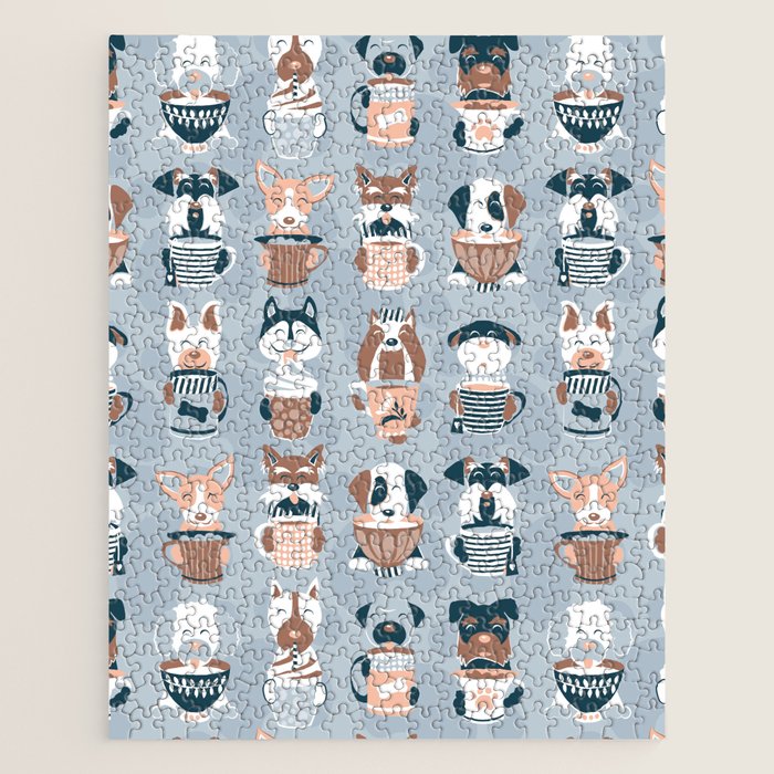 Doggie Coffee and Tea Time I // blue grey Jigsaw Puzzle Gallery Image 1