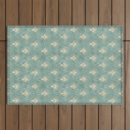 Art Deco Fans Pattern In Teal Outdoor Rug Gallery Image 1