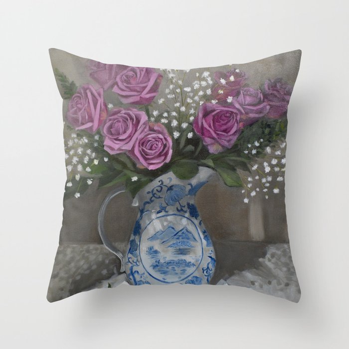 Magenta Roses Still Life Painting Throw Pillow Gallery Image 6