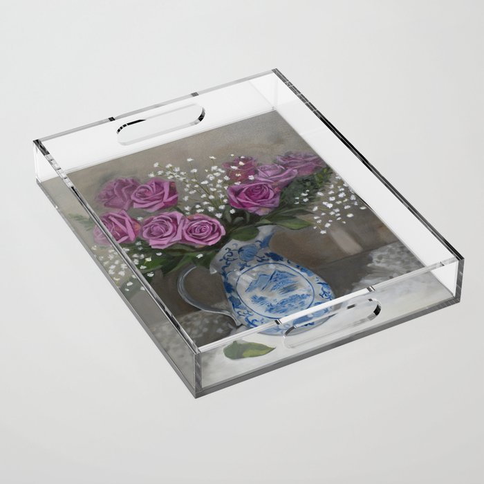Magenta Roses Still Life Painting Acrylic Tray Gallery Image 1
