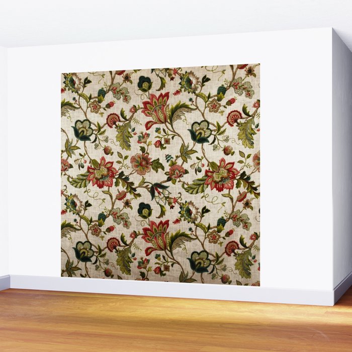 Red Green Jacobean Floral Embroidery Pattern Wall Mural Gallery Image 2