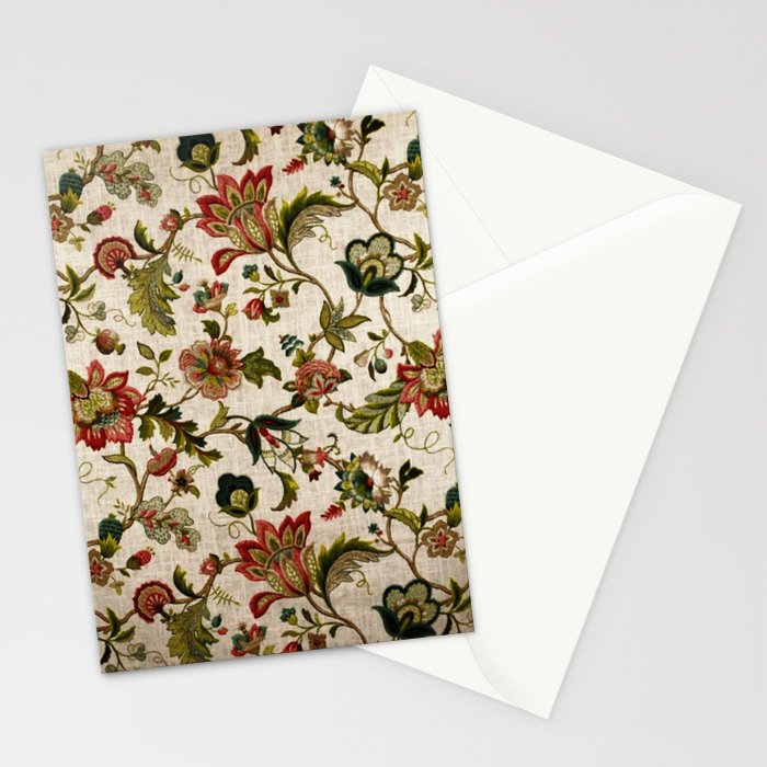 Red Green Jacobean Floral Embroidery Pattern Stationery Card Gallery Image 2