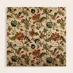 Red Green Jacobean Floral Embroidery Pattern Wood Wall Art Gallery Image 1