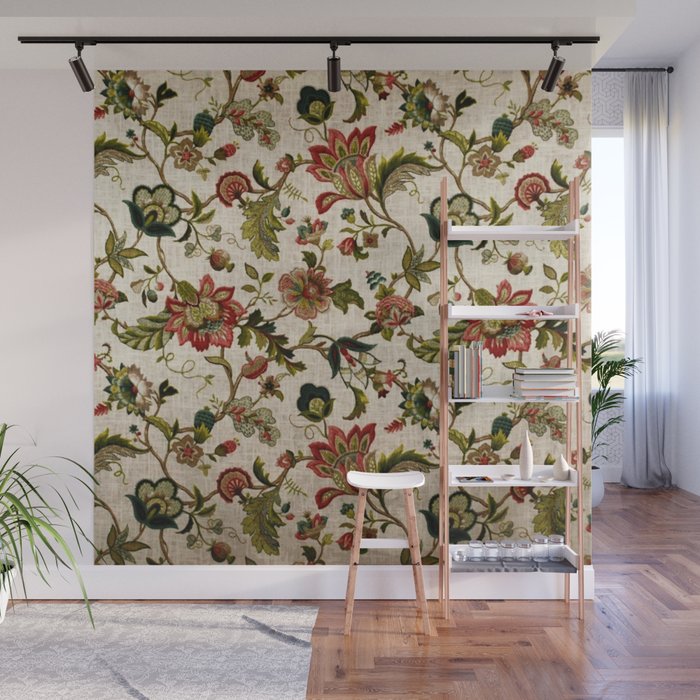 Red Green Jacobean Floral Embroidery Pattern Wall Mural Gallery Image 1