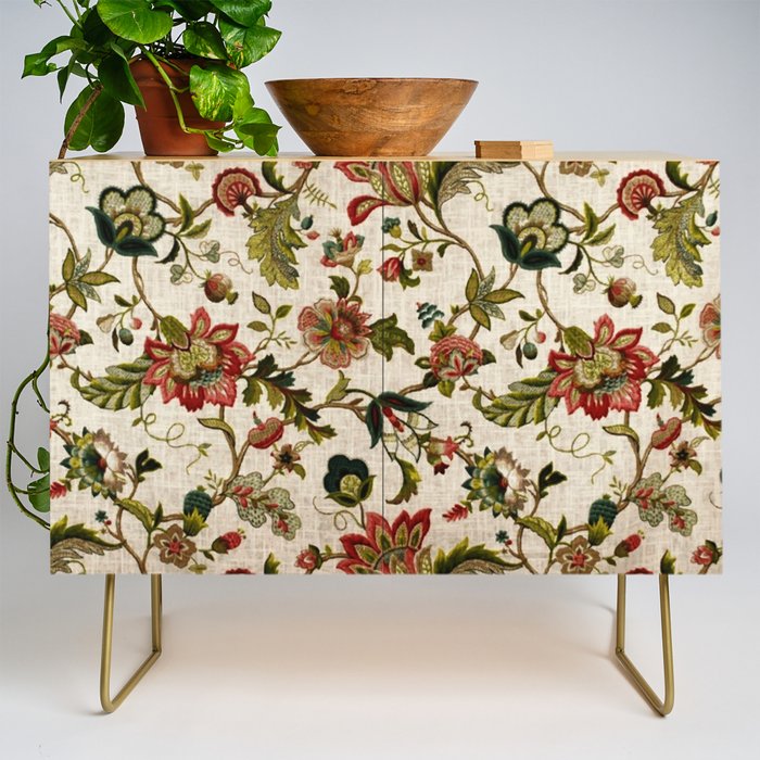 Red Green Jacobean Floral Embroidery Pattern Credenza Gallery Image 1