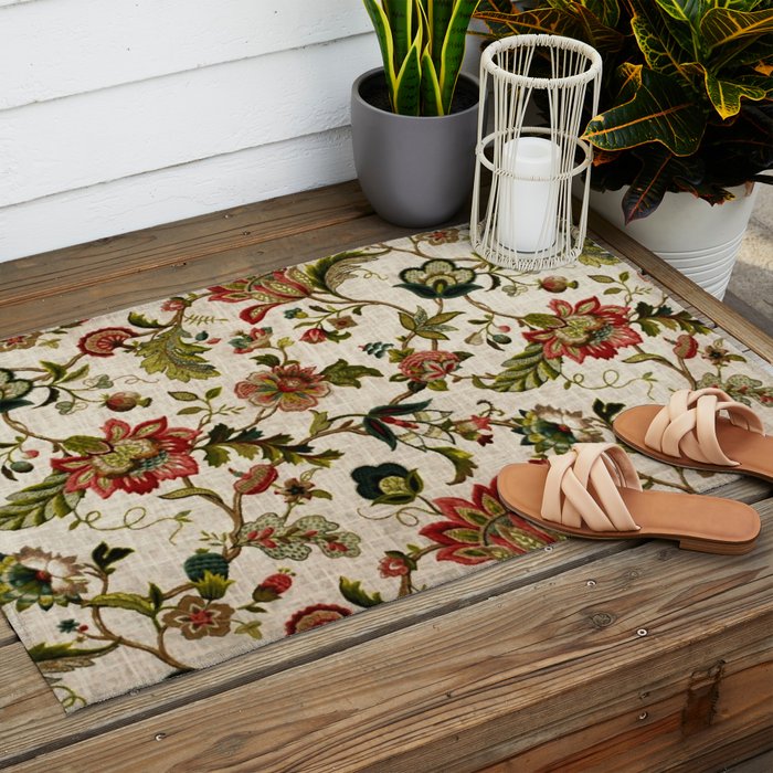 Red Green Jacobean Floral Embroidery Pattern Outdoor Rug Gallery Image 2