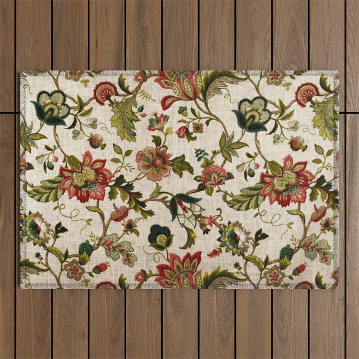Red Green Jacobean Floral Embroidery Pattern Outdoor Rug Gallery Image 1