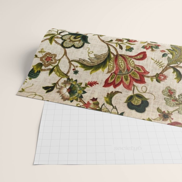 Red Green Jacobean Floral Embroidery Pattern Wrapping Paper Gallery Image 2