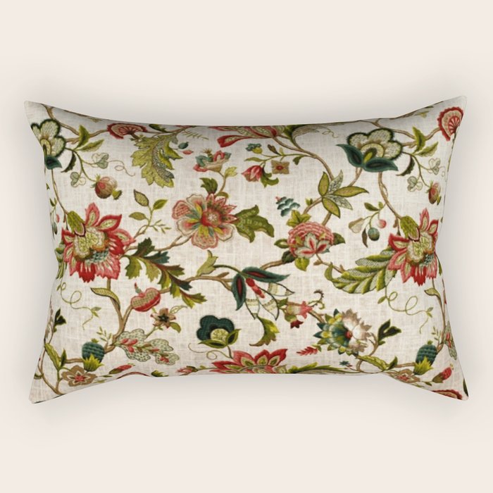 Red Green Jacobean Floral Embroidery Pattern Rectangular Pillow Gallery Image 2