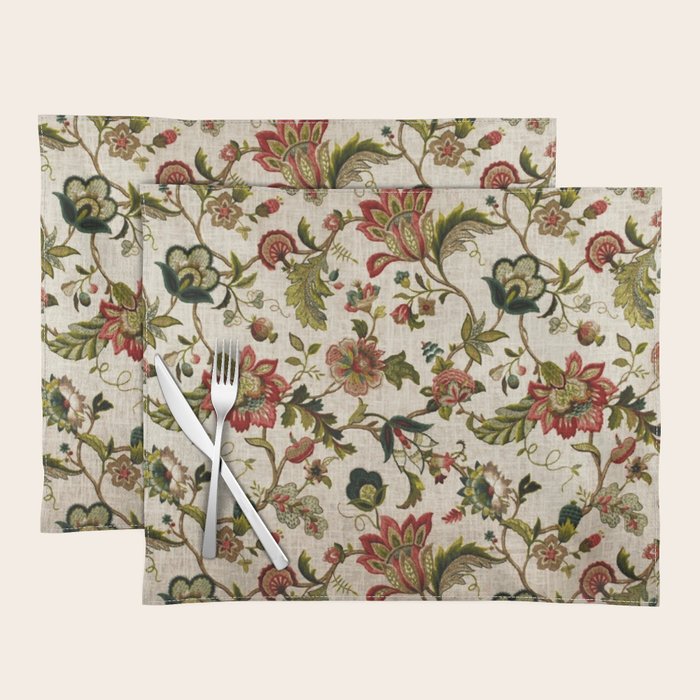Red Green Jacobean Floral Embroidery Pattern Placemat Gallery Image 1