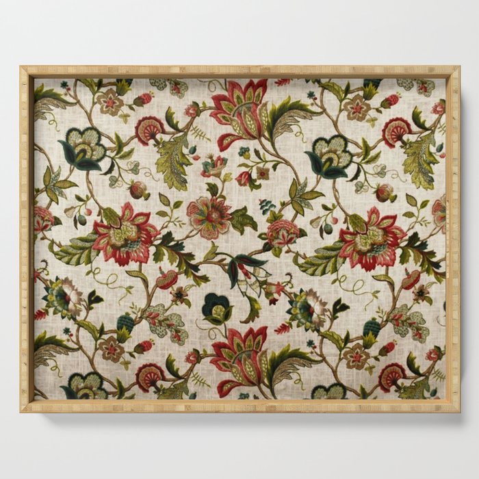 Red Green Jacobean Floral Embroidery Pattern Serving Tray Gallery Image 1