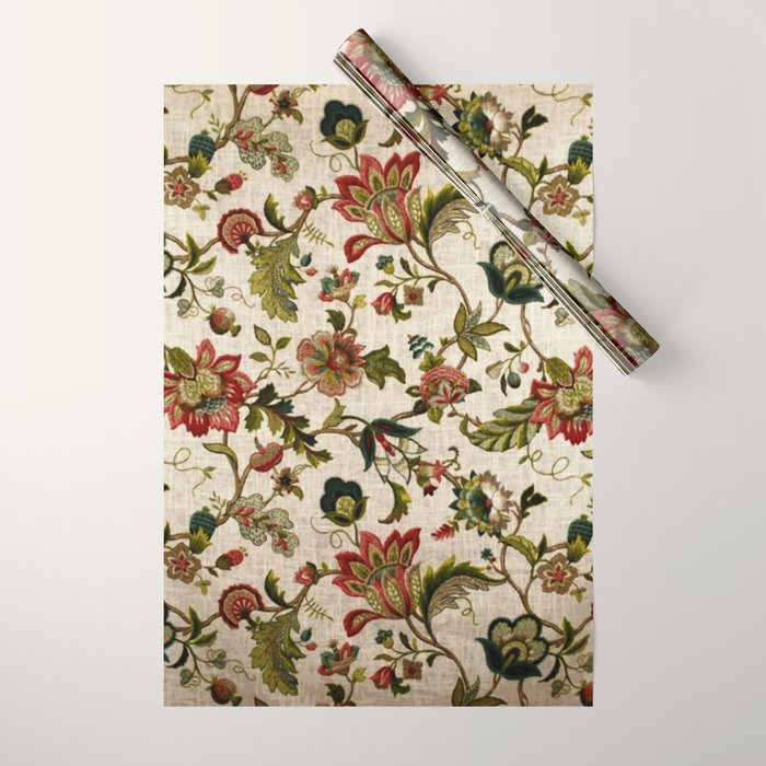 Red Green Jacobean Floral Embroidery Pattern Wrapping Paper Gallery Image 1