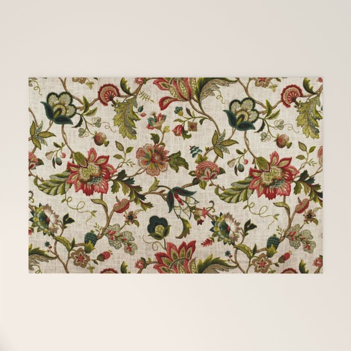 Red Green Jacobean Floral Embroidery Pattern Welcome Mat Gallery Image 1