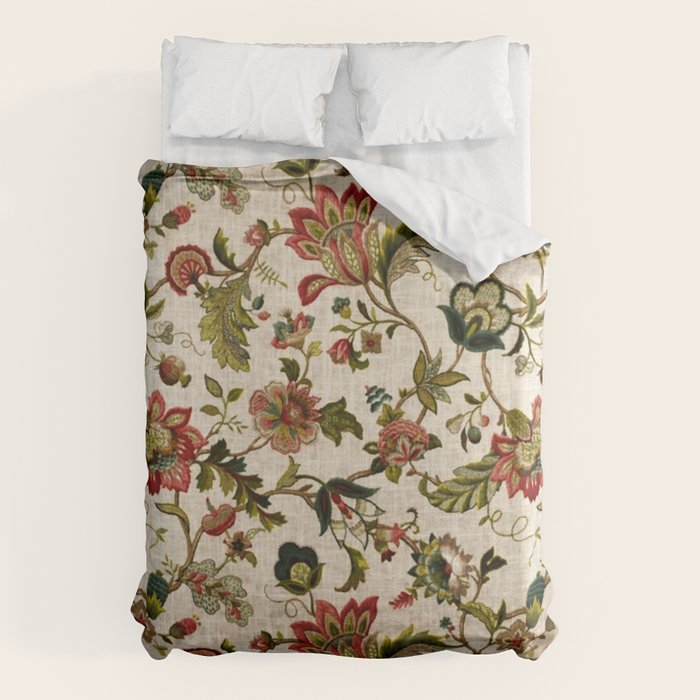 Red Green Jacobean Floral Embroidery Pattern Duvet Cover Gallery Image 1